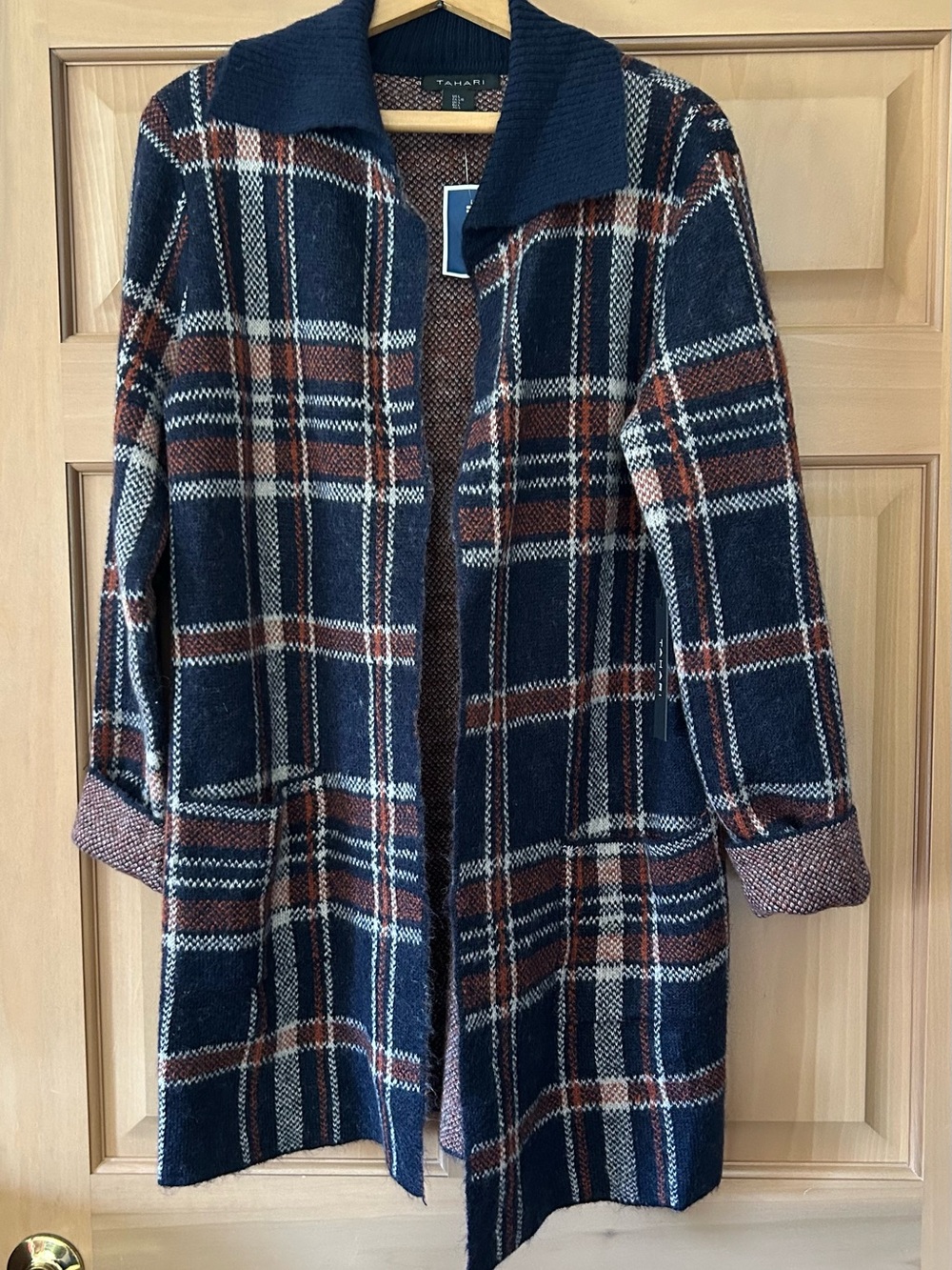 NWT Tahari Plaid Open Front Longline Cardigan Sweater Duster Navy Rust
